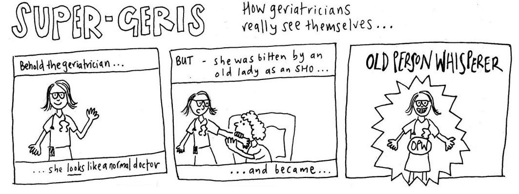 DotMDConf's tweet photo. "Behold the geriatrician - she looks like a normal doctor, BUT..."

Dr. Muna Al-Jawad @OPWhisperer

(Muna’s work featured in our #GraphicMedicine exhibition at #dotMD19, curated by @TheBadDr.) https://t.co/pIKzqpETNt