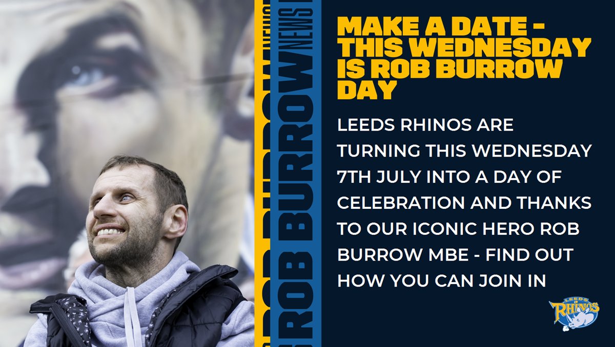 Leeds Rhinos are declaring the 7th July ‘Rob Burrow Day’ to celebrate not only the remarkable achievements of the club legend on the pitch but more importantly his inspirational efforts to raise funds and awareness for motor neurone disease ➡ More therhinos.co.uk/2021/07/05/rhi…
