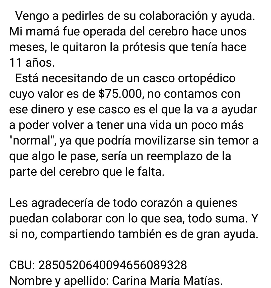 JustinBraa's tweet photo. ¡NECESITO LA AYUDA DE USTEDES!
La amiga de mi sobrina necesita un casco protector para su mamá a quien le sacaron una prótesis cerebral después de 11 años pero lamentablemente es muy costoso y no puede comprarlo. Creé una cuenta en cafecito pero me dijeron que CBU es mejor. https://t.co/MfdInlwCXs