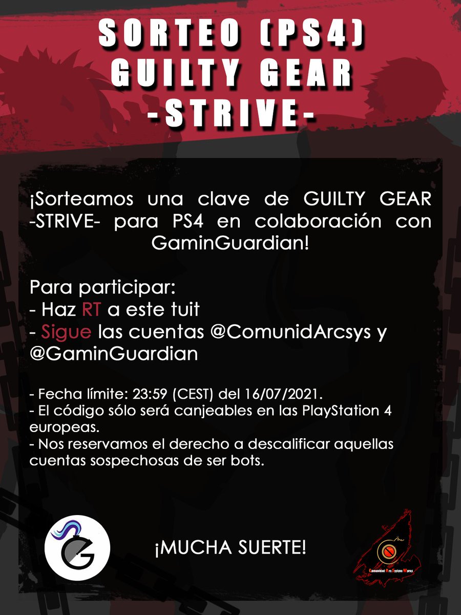 ComunidArcsys's tweet photo. 🔥¡Sorteamos un código europeo para PS4 de Guilty Gear Strive!🔥

Para participar solo tenéis que:

> RT a este Tweet
> Seguir a @GaminGuardian1 
> Seguir a @ComunidArcsys 

Let's Rock!

#GGST #GuiltyGearStrive #PS4 #Sorteo #PS5 https://t.co/ejj5vTFIhC