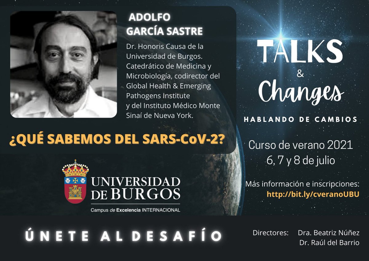 RauldelBarrio's tweet photo. #AdolfoGarcíaSastre #Plitidepsina Fase3 el #FuturodelCambio #CursosdeVerano 2021 #VacunasCOVID19 #TALKSChanges 
#BeChange 
Inscripciones: https://t.co/8GSfcngqub https://t.co/4RqNfp5Fnd