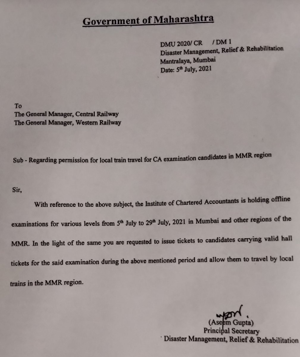 RajeshSharmaBJP's tweet photo. Beloved CA Students,
Mumbai &amp; Suburb Students appearing for #caexam held by @theicai will be allowed to travel in Local train. Great efforts by @manishgadia_gst our Dedicated Chairman of @wirc_icai &amp; whole team WIRC. https://t.co/Y1yIqmeqtx