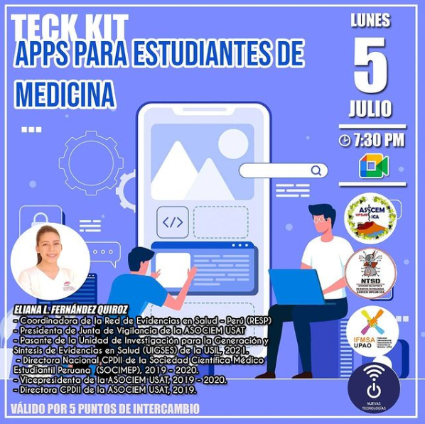 eliana_fq's tweet image. #TechKit- #AppsParaEstudiantesdeMedicina 
Hoy a las 8:00p.m., post partido Perú-Brasil, estaré en una actividad organizada por IFMSA - UPAO y ASICEM UPSJB lCA, en dónde aprenderemos el uso de aplicaciones que son de ayuda en el transcurso de la carrera.