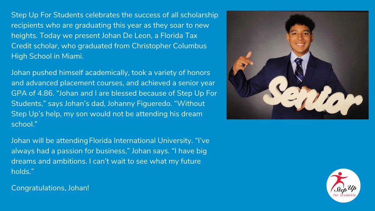 StepUp4Students's tweet photo. Congratulations, Johan! 

Step Up is still accepting applications for the private school scholarship. Apply now: https://t.co/8F00GeALgd  

To learn more about the Alumni Network and/or celebrate your graduate, please email us at parentpower@sufs.org.
#StepUpForChoice https://t.co/FISPaa5vAE