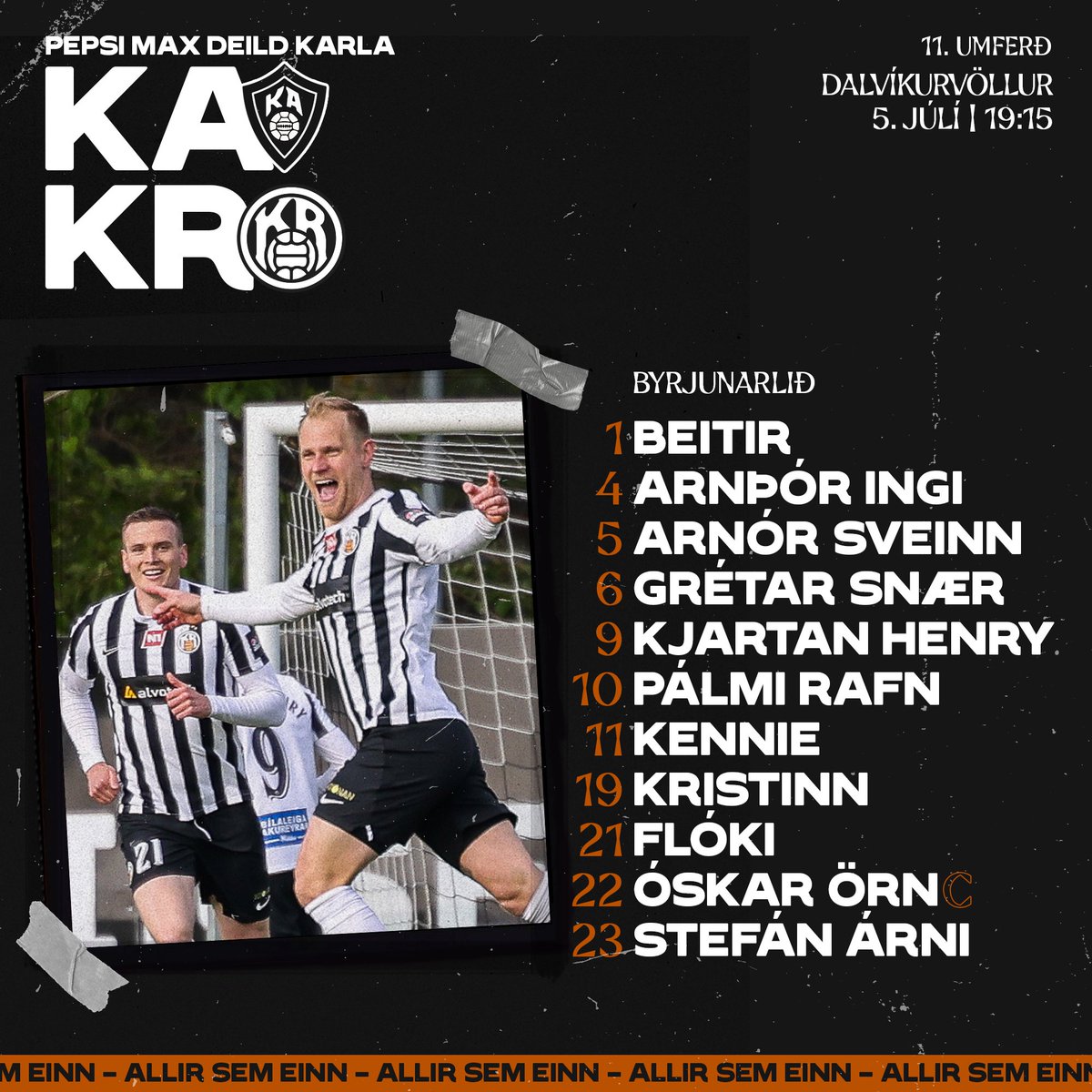 Byrjunarlið KR í leiknum gegn KA sem hefst klukkan 19.15 á Dalvík í kvöld.
Beitir - Kiddi Jóns, Grétar Snær, Arnór Sveinn, Kennie Chopart - Arnþór Ingi, Pálmi Rafn, Stefán Árni - Óskar Örn, Kjartan Henry, Kristján Flóki.
Ægir Jarl tekur út leikbann í þessum leik.