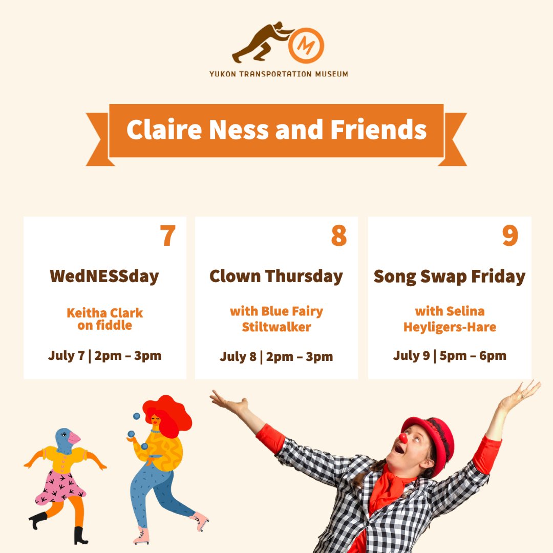 We are back this week with another fantastic line up with Claire Ness and Friends

🎻 WedNESSday Music with Keitha Clark on fiddle. July 7 at 2pm
🎪 Clown Thursday with  Blue Fairy Stiltwalker. July 8 at 2pm.
🎵 Song Swap Friday with Selina Heyligers-Hare. July 9 at 5pm