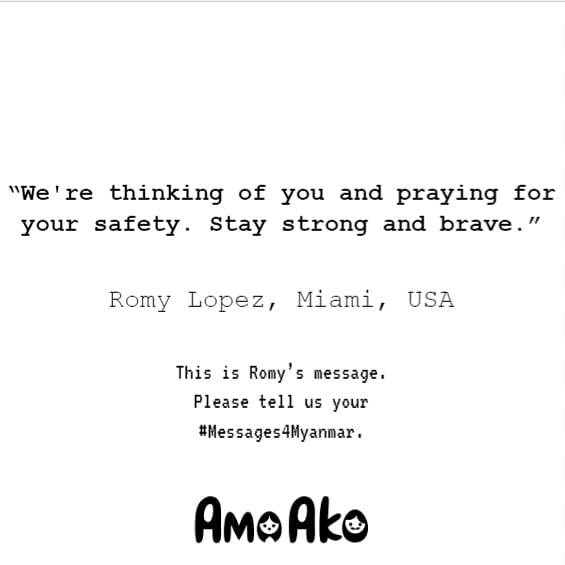 AmaAkoMM's tweet photo. The world has not forgotten about Myanmar, reiterating this powerful statement by Romy.

#messages4myanmar #WhatsHappeningInMyanmar #SaveMyanmar https://t.co/g5oTthq0sj
