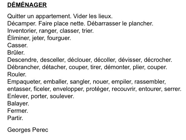 PoPésie on Twitter: "Pour montrer aux plus jeunes comme chaque lecture  poétique est personnelle, j'étudie toujours Déménager de Georges Perec, un  poème composé d'infinitifs (donc simple, neutre, brut). Lu vite, le  déménagement