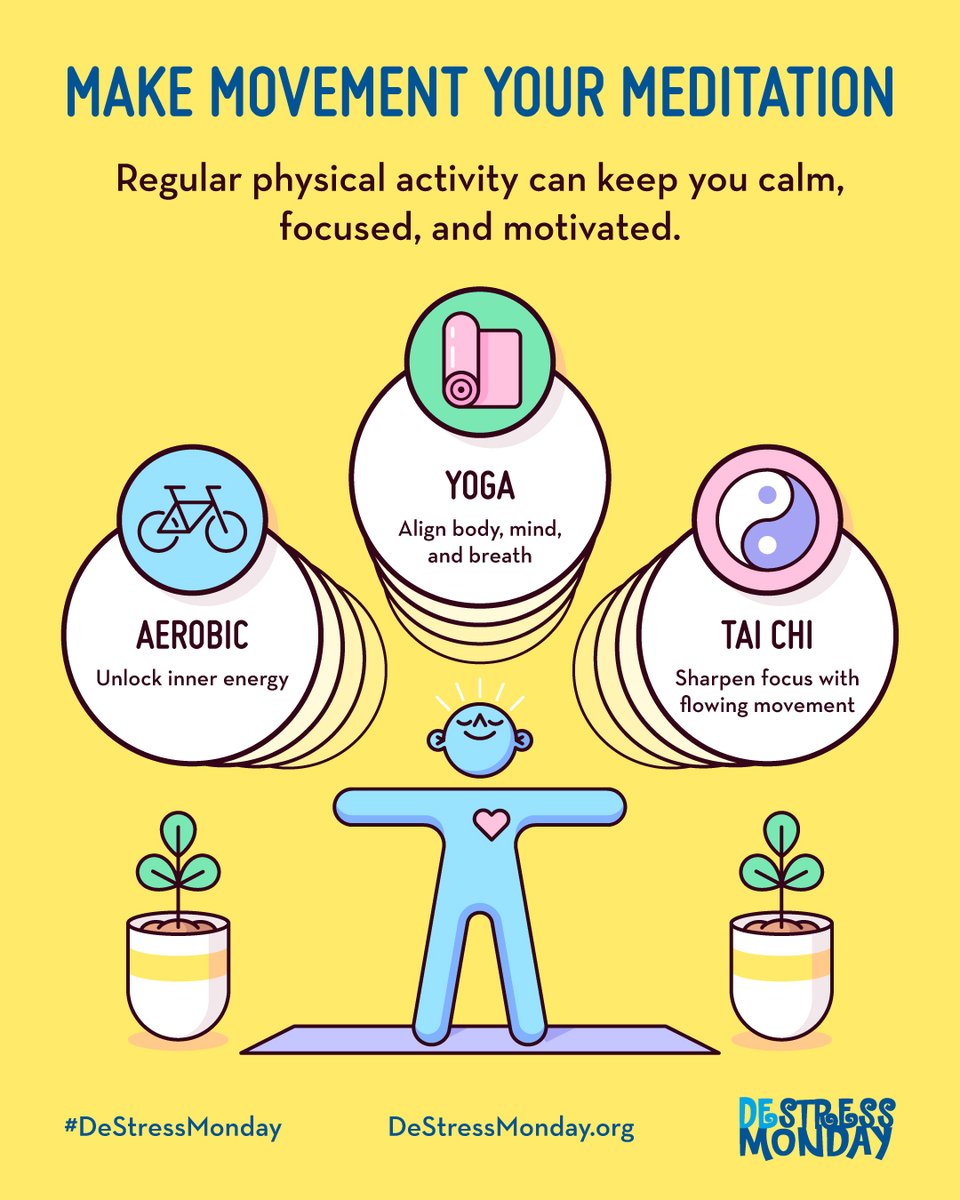 Many forms of physical activity offer physiological benefits because they trigger a series of chemicals events that help improve brain function and regulate mood. There are a number of exercises and movements you do anytime or anywhere—to help relieve stress.
#DeStressMonday