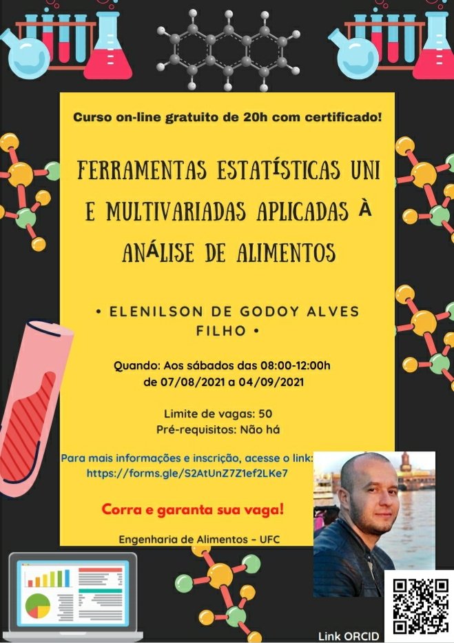ElenilsonGodoy's tweet photo. Pessoal, venho anunciar nosso curso gratuito sobre análises estatísticas uni e multivariadas. Disponibilizamos somente 50 vagas, que serão preenchidas por ordem de inscrição. Detalhes e inscrições no link do folder. https://t.co/19DlOUl5nR