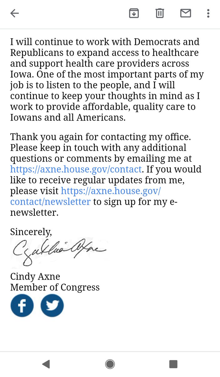Thank you <a href="/Axne4Congress/">Cindy Axne</a> for responding and supporting Physical Therapy and The Physical Therapist Workforce and Patient Access Act (H.R. 3759)! <a href="/IowaPT/">APTA Iowa</a> @APTAtweets <a href="/APTAStudents/">APTA Students</a> 

Take action and send an email: apta.org/advocacy/take-…