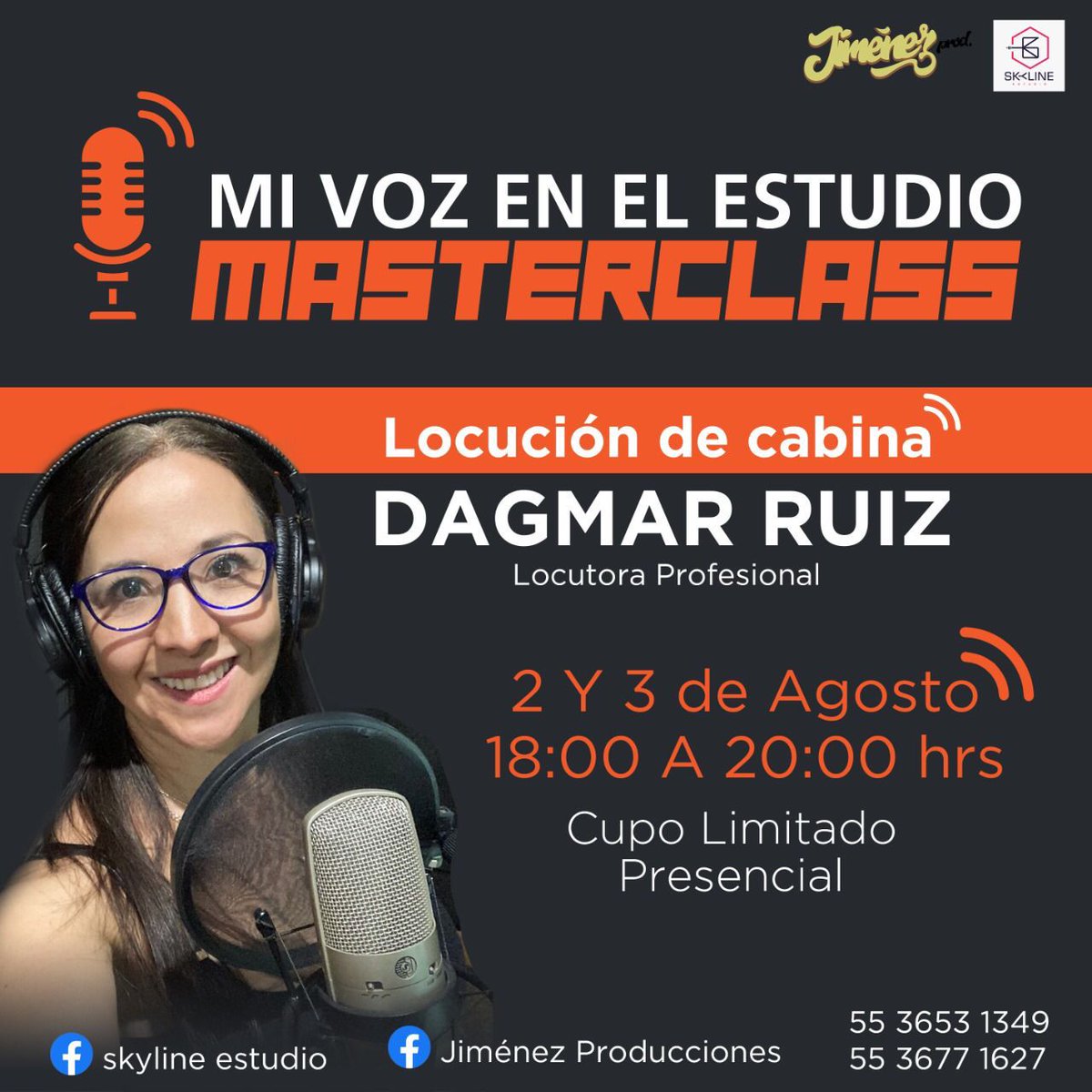 Para los que les interesa la locución 🎙️ Skyline Estudio y Jiménez Producciones les traemos para ustedes masterclass para darles un acercamiento al mundo 🌎 de la locución de cabina 📻. 

📅¡Los esperamos el 2 y 3 de agosto en modalidad presencial! 

🖥️ ¡Inscríbete ya!