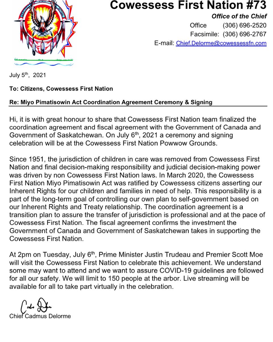 cadmusd's tweet photo. Cowessess First Nation asserting jurisdiction of children in care.

Tomorrow (Tuesday) Prime Minister Trudeau and Premier Scott Moe will visit Cowessess First Nation to stand beside us as we sign and celebrate. 😊 https://t.co/Gj5Rc94QQH