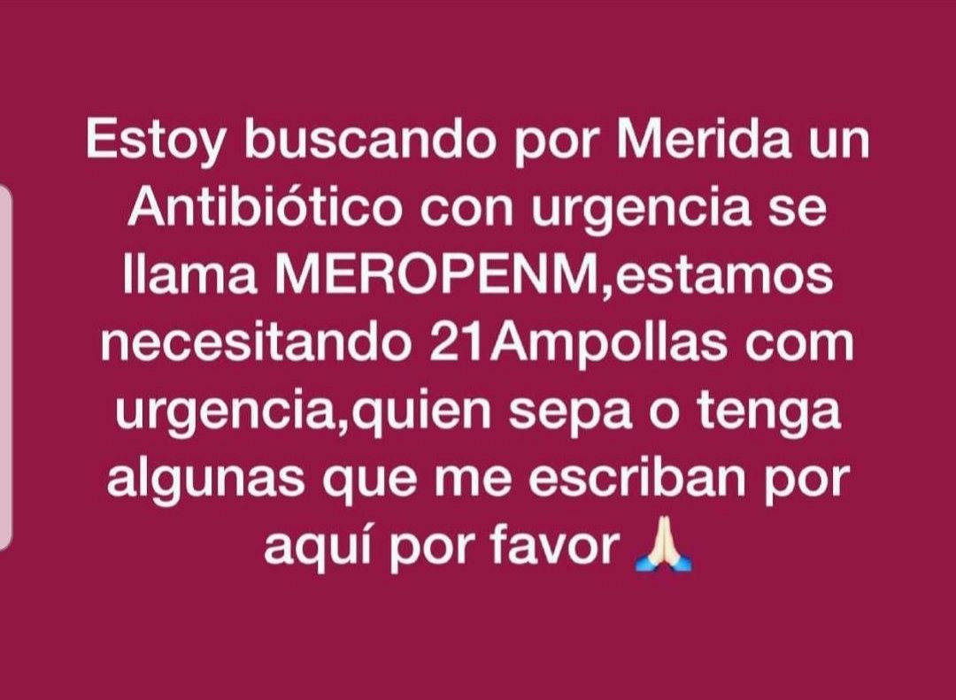 JessiQuerales's tweet photo. #ServicioPublico en Mérida, por favor. Antibiótico Meropenm en ampollas.
Contacto: Marisel Moreno 0412-6450814 https://t.co/A9nykSqjJP