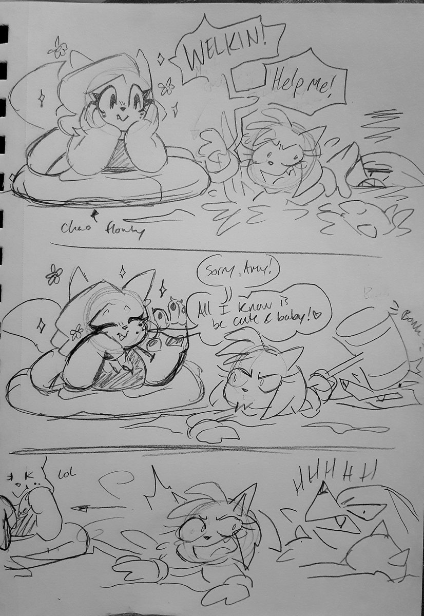 Today I went swimming with my friend and sibling and we were pretending to be sonic characters 💀 so I was Knuckles and my sibling was amy and my friend was Welkin and the story was completely cursed so here's this out of context moment that made me laugh but drawn super poorly 