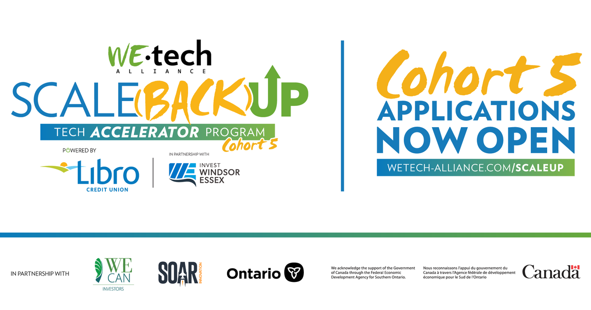 WEsmallbusiness's tweet image. 📢 Windsor-Essex &amp;amp; Chatham-Kent businesses! Applications are now open for @WEtechAlliance ScaleUP Cohort 5 program ... powered by @LibroCU and in partnership with @_investwe! Application deadline is July 22!! bit.ly/3yEocwP