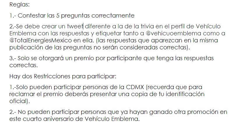 VehiculoEmblema's tweet photo. Gánate una de las 5 garrafas de aceite sintético de @TotalEnergiesMX solo contesta la trivia que aparece en la foto. Recuerda leer también las reglas y restricciones.
¡Mucha Suerte! https://t.co/IeWbjniAxL