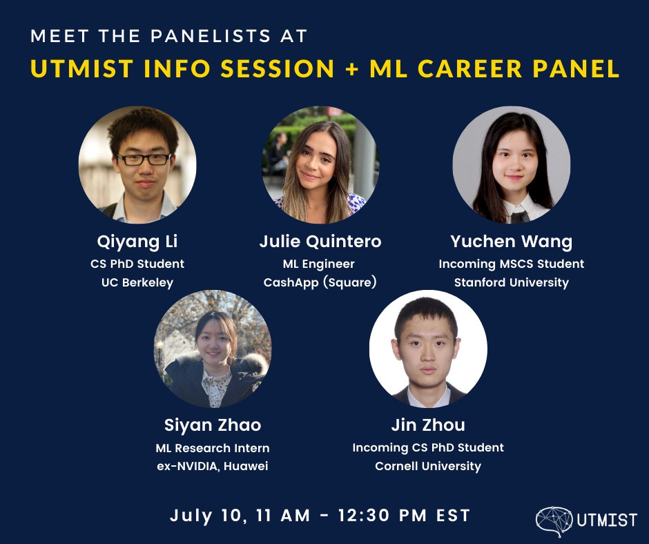 Meet the panelists! Listen to their stories and gain career-related advice at the UTMIST Info Session + ML Career Panel this Saturday, July 10, 11 AM-12:30 PM via Zoom. You can also learn about UTMIST’s initiatives and browse our team openings!

Sign up: bit.ly/3qLS2MW