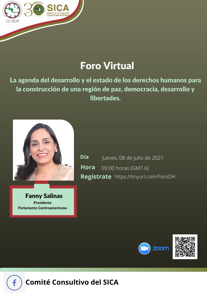 Participa en el Foro Virtual de Derechos Humanos. Contaremos con el mensaje de la señora Presidenta del Parlamento Centroamericano.
 Día: Jueves, 08 de Julio
 Hora: 09:00 Hrs. (Centroamérica)
 Regístrate: tinyurl.com/ForoDH 
#Parlamento #SGSICA #CCSICA