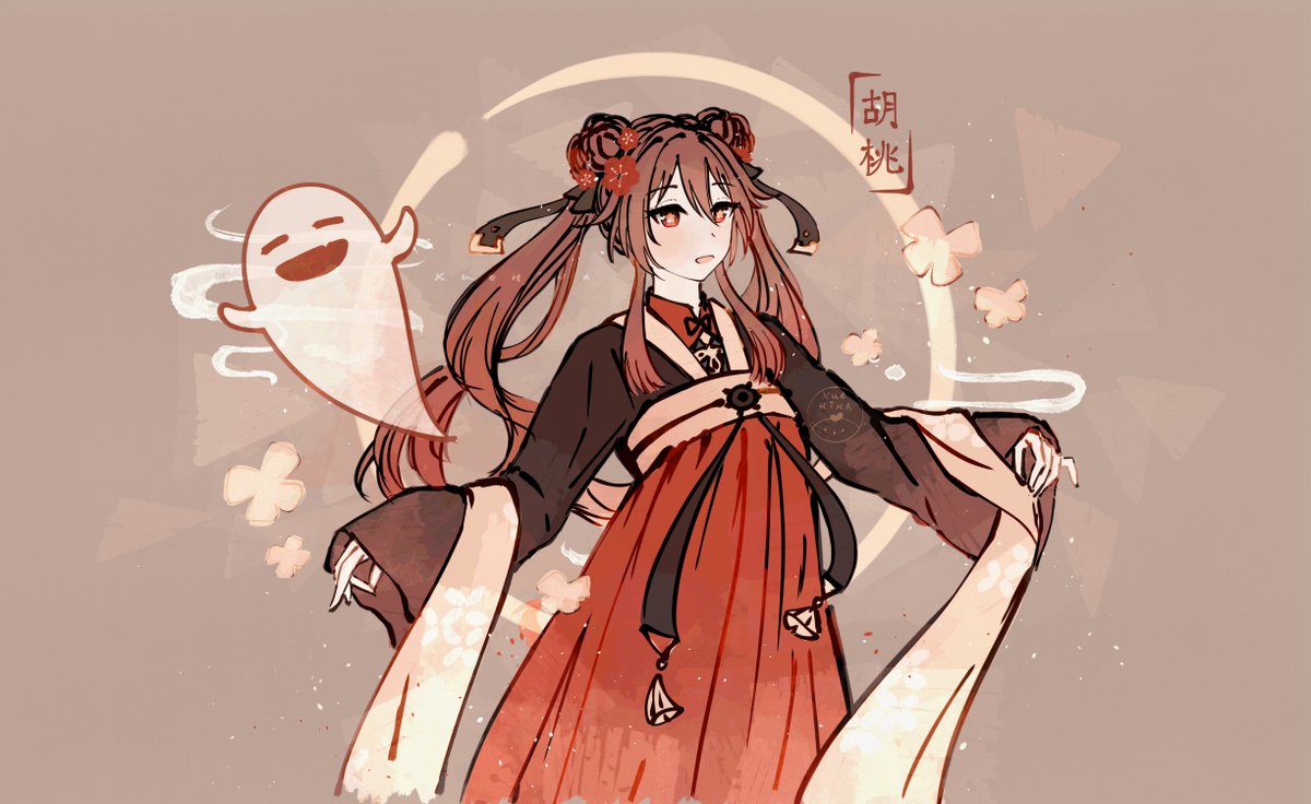 hu tao (genshin impact) 1girl ghost flower hair ornament twintails brown hair hair flower  illustration images