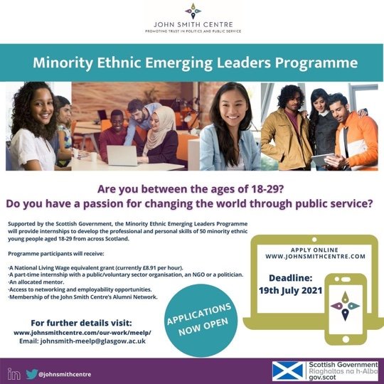 Great opportunity for young people from #BAME communities in #Scotland 
#Students #opportunities #Jobs #Career #careers @JohnSmithCentre @skillsdevscot @ScotBAMEwriters @AntiRacistEd @BameEis @BAMEConsulting @BAMEedNetwork @top100bame @BAME_Leadership