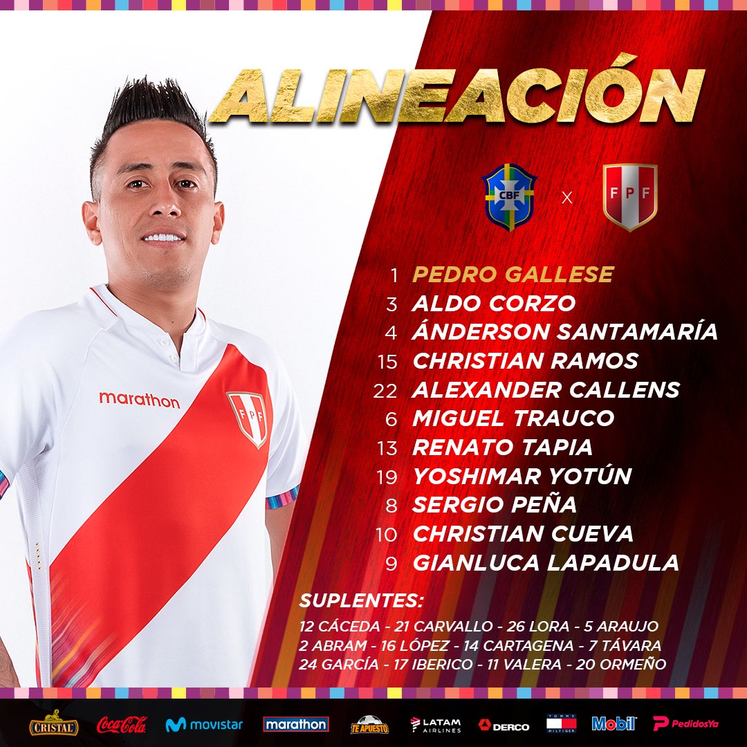 VarDelFutbol_PE's tweet photo. ¡POR EL PASE A LA FINAL! 🇵🇪

Esta es la alineación oficial para el partido por semifinales de #CopaAmerica frente a Brasil 🇧🇷.

📷 @SeleccionPeru https://t.co/gF82KvgPVh