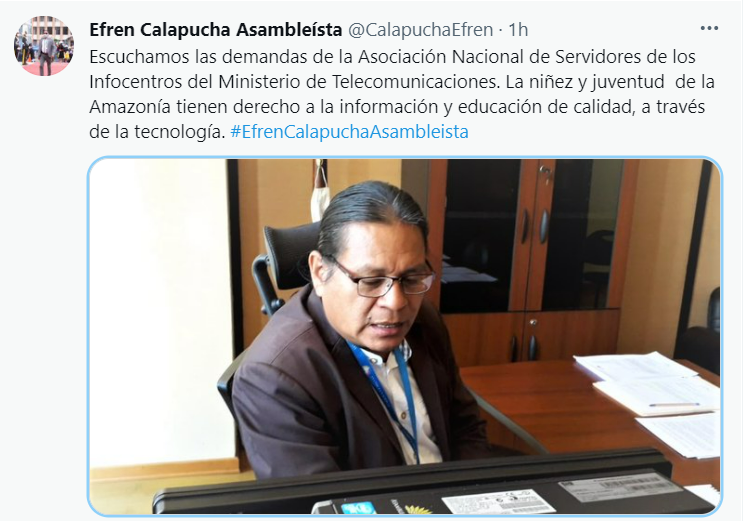 AsoCnt's tweet photo. La Aso Nac CNT EP Agradece al Asambleísta 
@CalapuchaEfren 
 por el apoyo brindado en pro de la comunidad Amazónica, con el fin de luchar por la situación de los Infocentros y la estabilidad laboral de sus funcionarios. https://t.co/7LWqS73xcf