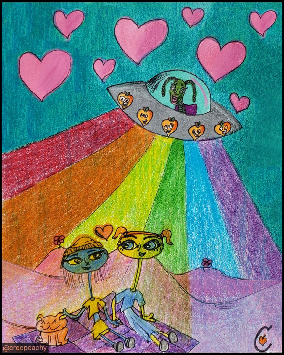 creepeachy's tweet photo. #CreepeachyCreeptober Day 7: Crash 🛸

This is what it looks like when a Creepealien decides to crash two ladies' picnic date.

#Creepeachy #Creeptober #CreepeachyCreeptober2020  #PrideMonth #wlw #LGBTQart https://t.co/JOGuihvvTz