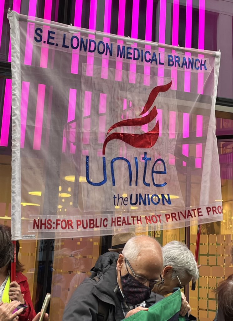 and_unite's tweet photo. #NHS73
#NHSPay15 
#StopCentene 
On 73rd Birthday of the NHS a protest outside department of health and social care to protest about increasing privatisation of the NHS &amp; US healthcare company centene taking over many GP surgeries 
Photos of unite health workers https://t.co/GZyqUNcKXU
