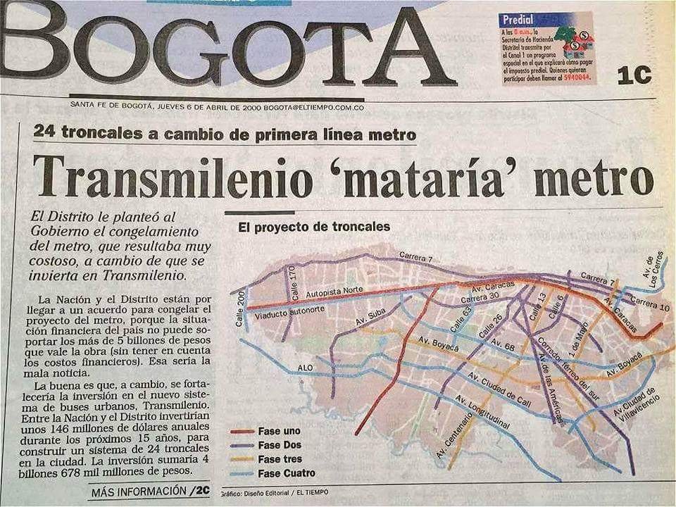 DeepSageApp's tweet photo. El Jueves 6 de abril del año 2000 el diario @ELTIEMPO publicó "Transmilenio 'mataría' metro" #HistoriaDeColombia https://t.co/S3fSil259J
