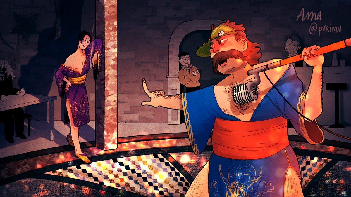 pvrimv's tweet photo. A friend asked me to draw the smoker on the balcony with a kimono... and well. I guess it's kimono karaoke night at the Whirling 😌
#DiscoElysium https://t.co/q1tG8cT63V