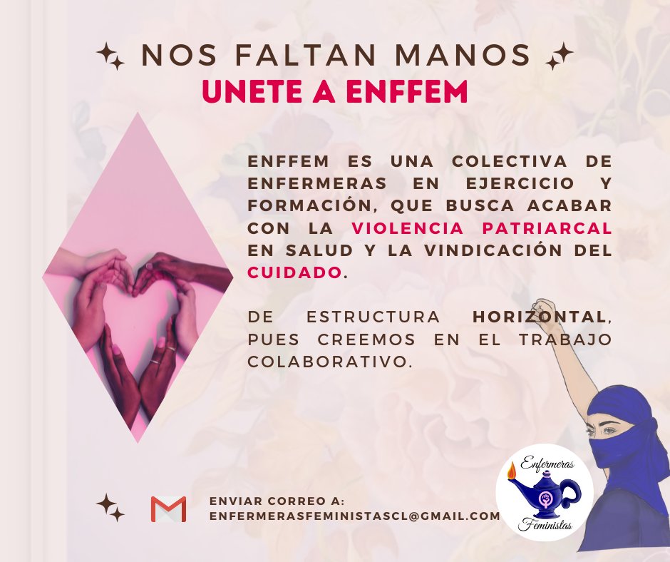 enffem's tweet photo. ÚNETE A #ENFFEM:
Hay mucho por hacer pero nos faltan manos🙌.
Bienvenidas todas las que estén cansadas de este sistema que nos maltrata.
Enviar correo📧a: enfermerasfeministascl@gmail.com
Sujeto: Ingreso a ENFFEM
Texto: Enviar las razones por las que te quieres unir a la orga. https://t.co/oF0FlOwoTO