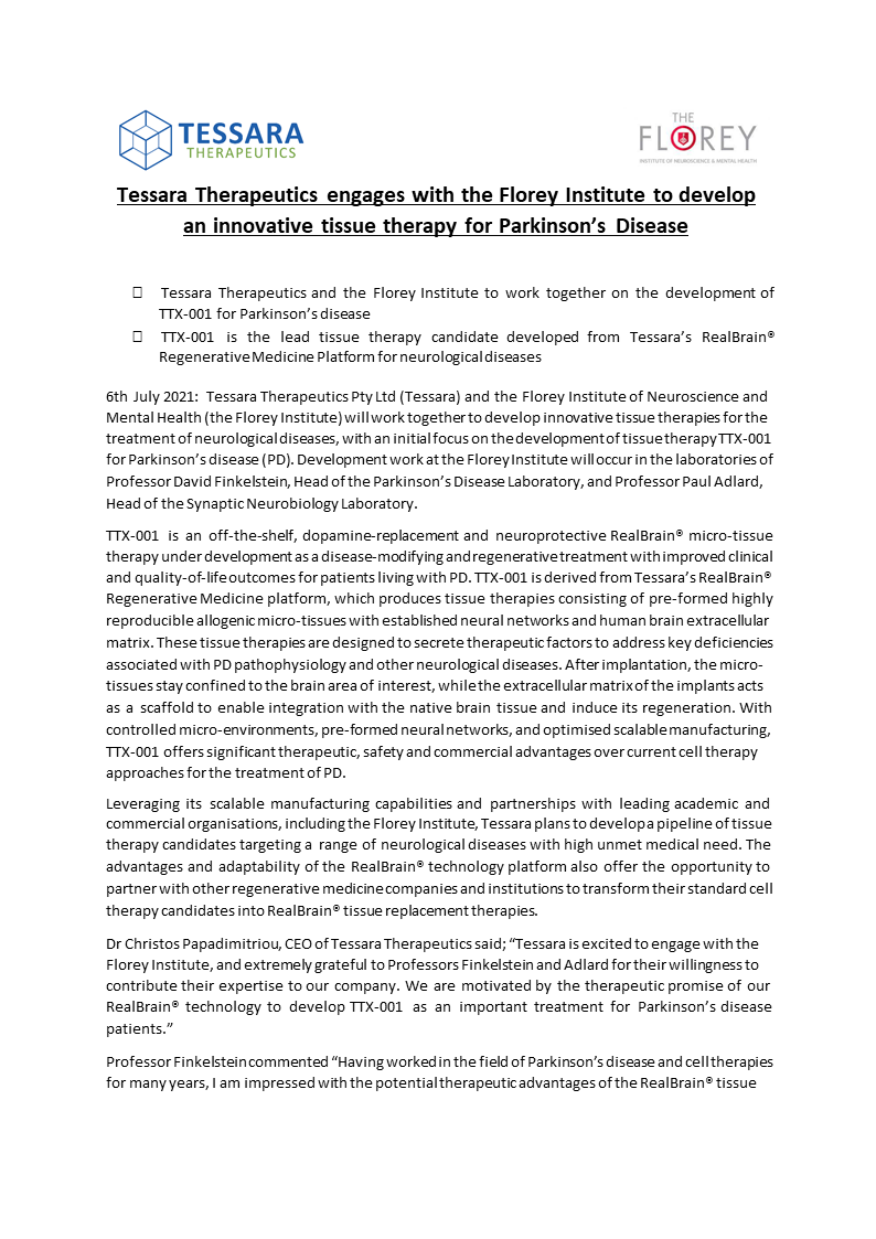 TessaraTx's tweet photo. We are working with @thefloreyInstute to develop tissue therapies for neurological diseases. We aim to #breaktherapeuticbarriers in #neurology, with an initial focus on the development of #tissuetherapy TTX-001 for #Parkinsons disease. https://t.co/5qvbZ67NYe