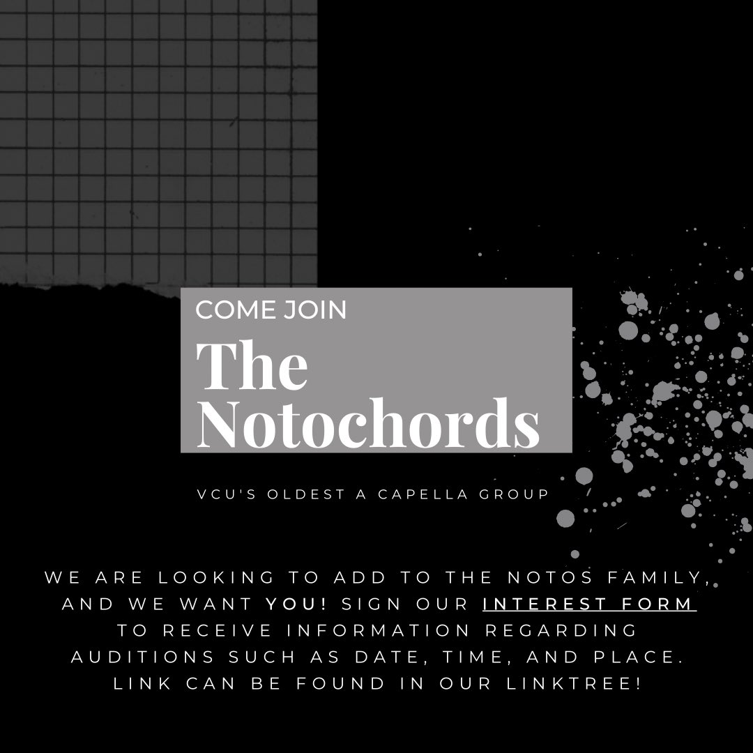 Are you looking to join The Notochords? Well, guess what? WE WANT YOU!! 🤩

Sign our Interest Form so that you will personally receive information regarding auditions when the time comes! The link can be found in our linktree!🥰✨🖤
#vcu #acapella #music #rva #auditions  #vcu25