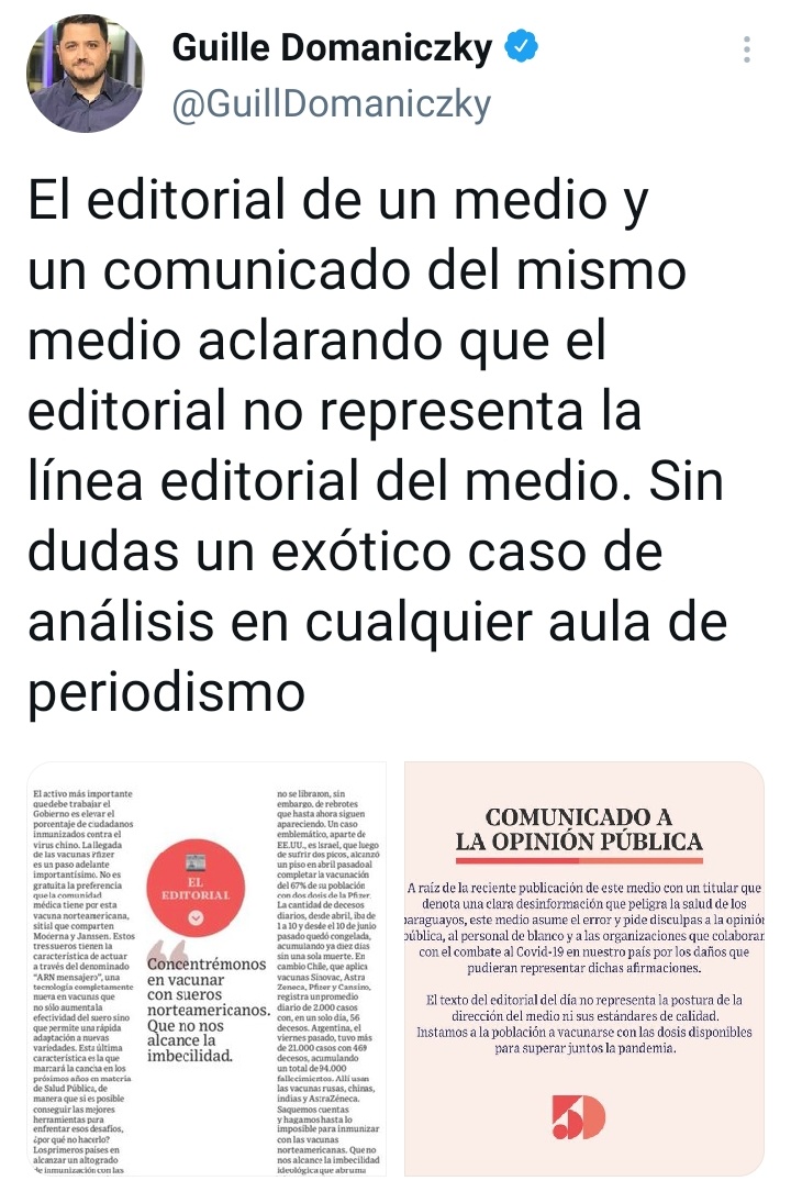 elespejopy's tweet photo. #Monitoreo 🔍 Algunas reacciones tras el editorial publicado por el diario @5diasPY, pero que al final resultó no representar la línea editorial del medio, según aclararon en un comunicado. #periodistas #periodismo #medios #prensa https://t.co/Oh2fxTFOyQ