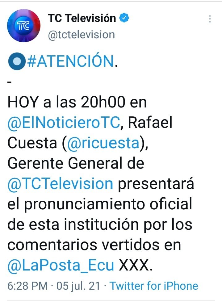 CaskabelDigital's tweet photo. #Atención | A las 20h00, el gerente general de @tctelevision, Rafael Cuesta, presentará el pronunciamiento oficial de la empresa por los comentarios vertidos en @LaPosta_Ecu XXX. https://t.co/FLiNaJ6QmB