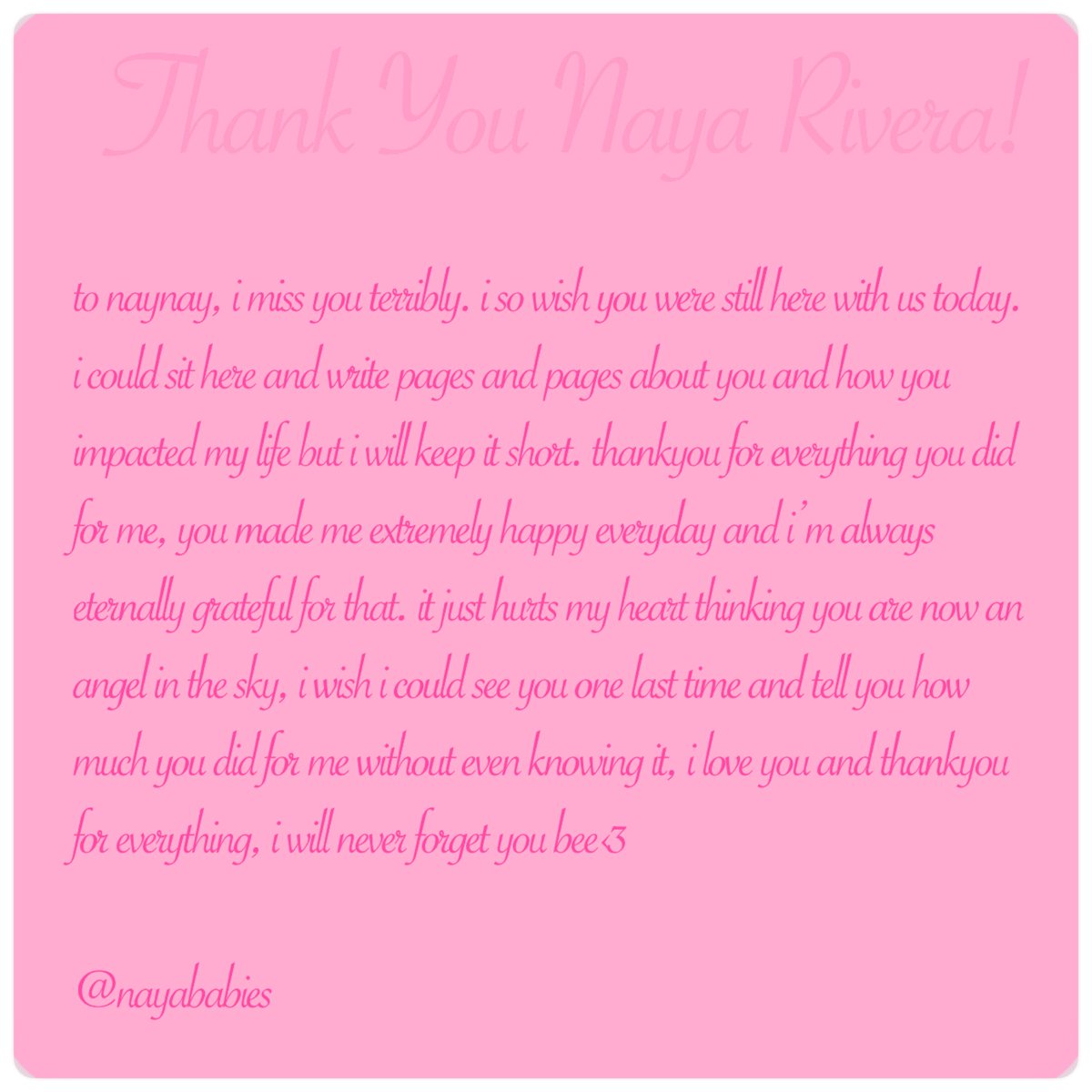 This is beautiful. Thank you for sharing. Naya loves you❤️

#nayarivera #ThankYouNayaRivera 

🙏🏻-Instagram user nayababies