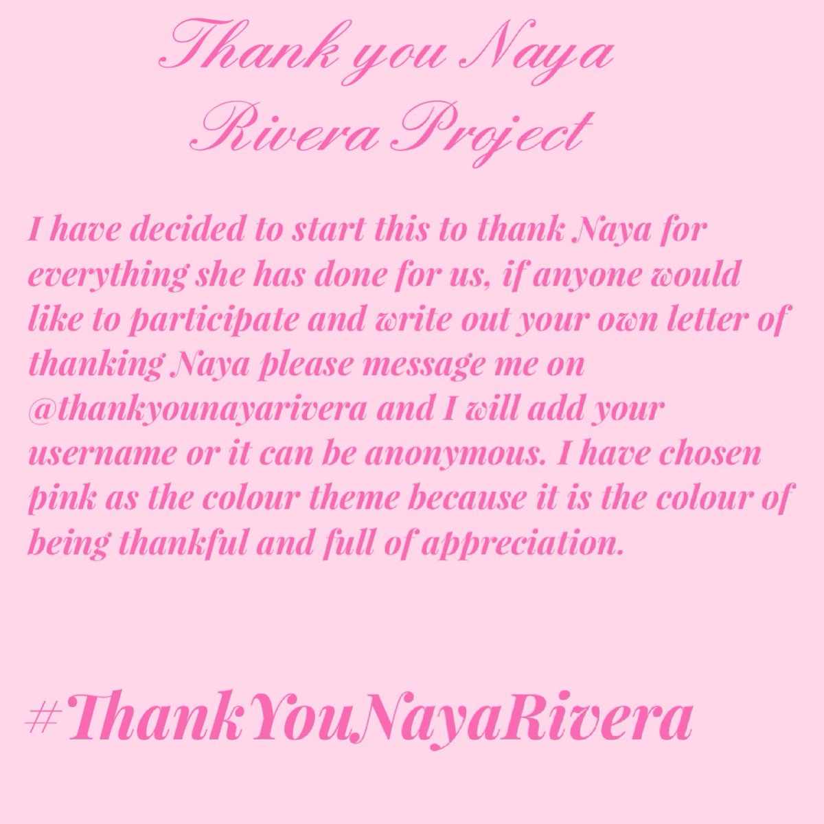 I would love if everyone would promote or send In thank you notes to naya? My accounts are as followed <a href="/ThankYouNayaR/">Thank You Naya Rivera Project</a> and Instagram as well. ThankYouNayaRivera. Please share so we can have this trending for Naya!