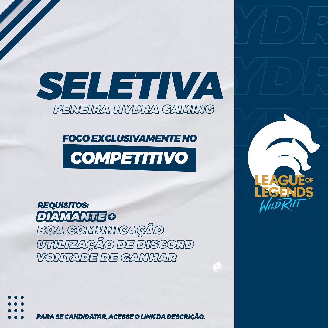 sports_hydra's tweet photo. Quer entrar pro cenário competitivo de @WildRiftBR e não sabe por onde começar? Chega mais e vem participar da 1ª peneira da Hydra Gaming!
https://t.co/uGQPaZCxLy
Preencha o formulário e GLHF! 🔥😁
#peneirawildrift #wildrift #peneira #wildriftbr #wildriftlolbr https://t.co/TLcNhqLTmV
