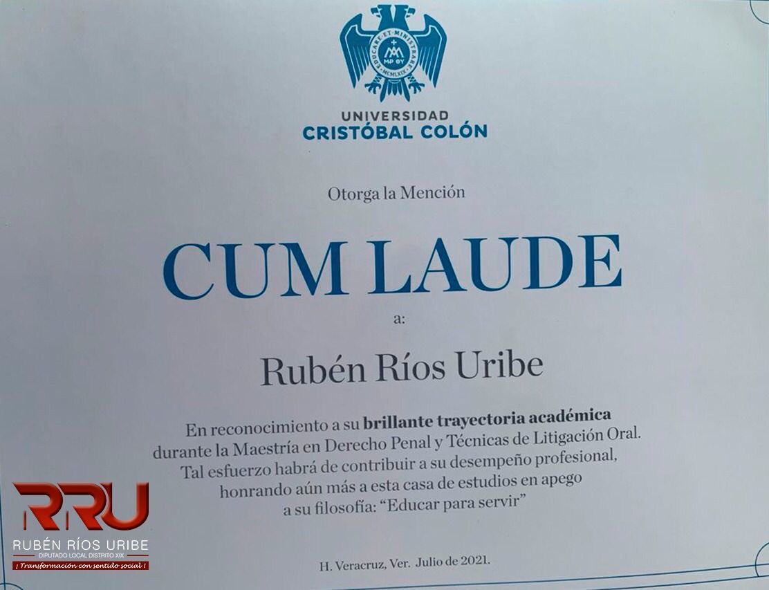 RubenRiosUribe's tweet photo. Agradezco a Universidad Cristobal Colon, el reconocimiento “Cum Laude”, por haber concluido la Maestría en Derecho Penal y Técnicas de Litigación Oral, promedio 9.52 y titulación automática. 
Agradezco a dicha institución, la beca para continuar el Doctorado en Ciencias Penales. https://t.co/rgWUJ8Ojc3