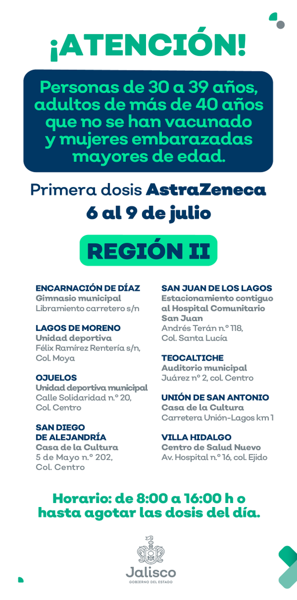 GobiernoJalisco's tweet photo. 💉 A partir del 6 de julio, inician nuevas jornadas de vacunación contra el COVID-19 en el interior del estado para distintos sectores de la población.

Entérate de los detalles a continuación y da clic aquí para saber más: https://t.co/vwgTnwBk9G.

Pasa la voz. https://t.co/YzDRvOEHId