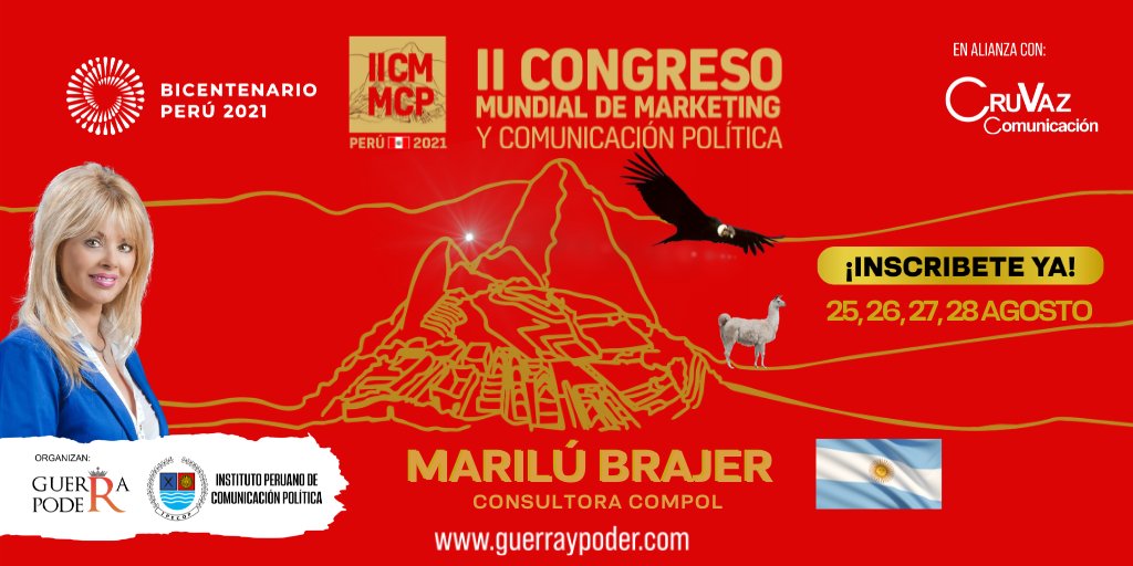 cmcompol's tweet photo. 🔴⚪️🔴 II CONGRESO MUNDIAL DE MARKETING Y COMUNICACIÓN POLÍTICA #BicentenarioPerú2021 🇵🇪
📆 25 al 28 agosto - Online
▶️ INSCRÍBETE AQUÍ: https://t.co/RddCBghhw2
▶️ Ver PONENTES: https://t.co/WqiKPZI81B
👩🏻 Marilú Brajer 🇦🇷
.
#IICMMPC #compol #compolperú #campañaspolíticas https://t.co/gRRdQRmnDg