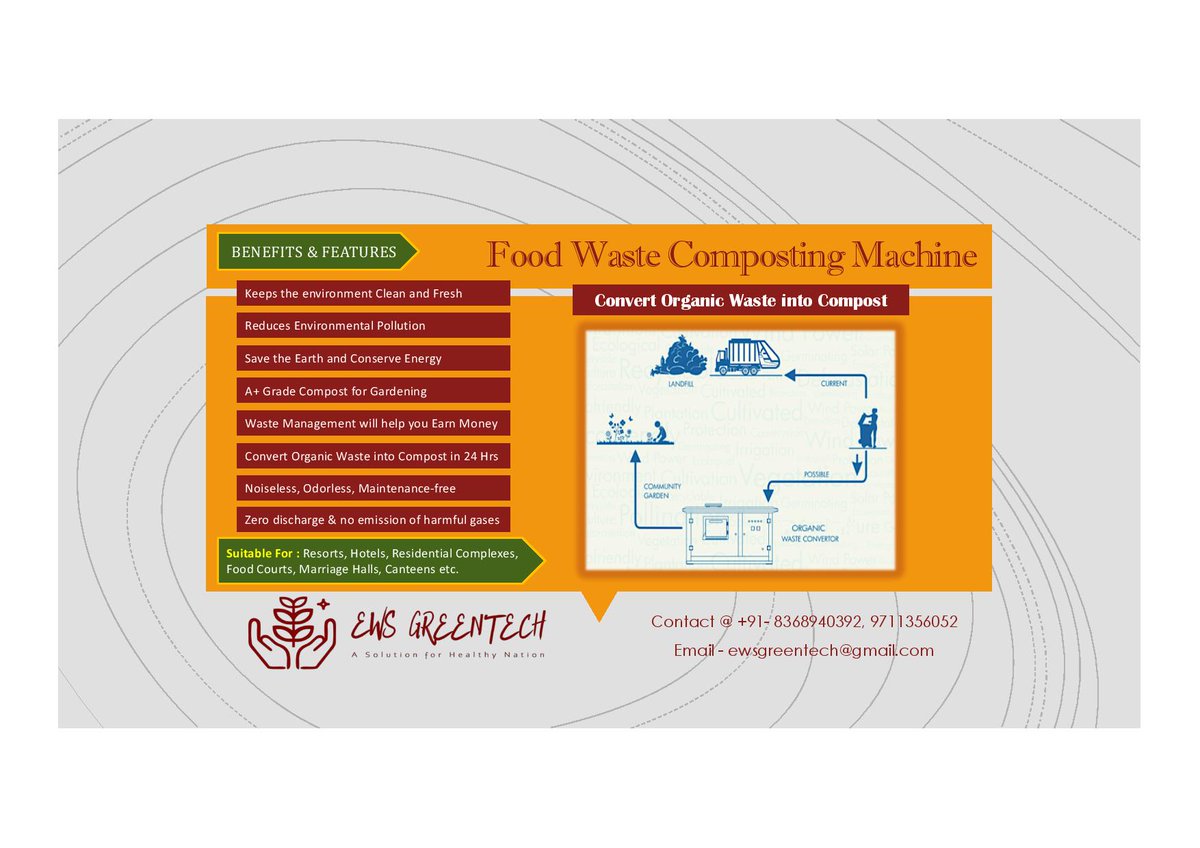 ewsgreentech's tweet image. Our #foodwastecompostmachine is the most advanced #compostingmachine which uses a special technique to break down and convert all kinds of organic waste into #compost in just 24 hours. 
Call us @ +91-8368940392, 97113 56052
Visit ewsgreentech.com
#owc #ewsgreentech #EWS