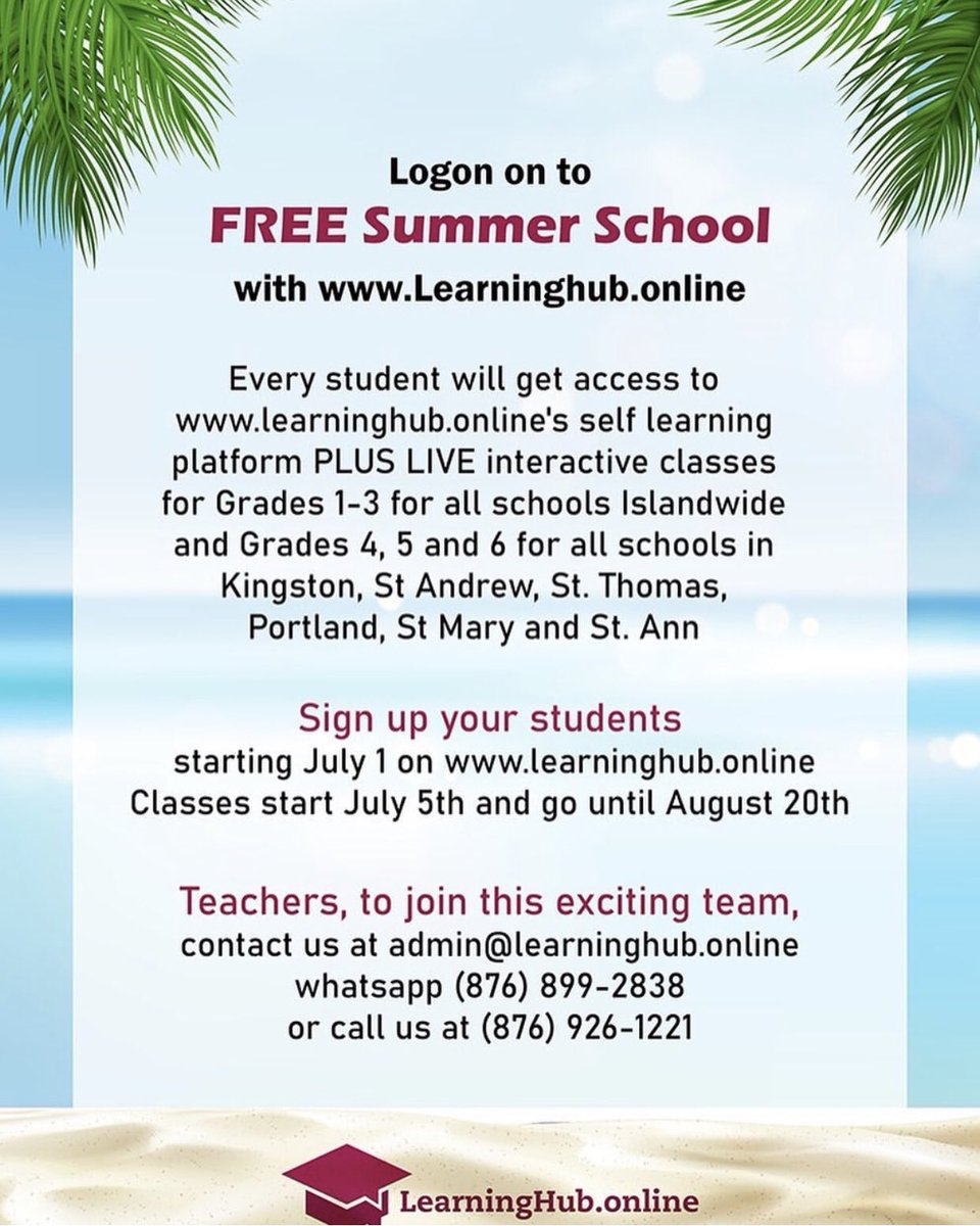 Free #SummerSchool with Learninghub.online. 

Classes start: July 5- August 20, 2021 

#Reposted from @andrewholnessjm 

#pmholness #scholarshipjamaica #distancelearning #learninghubonline #onlinelearning2021 #OnlineLearningPlatform
