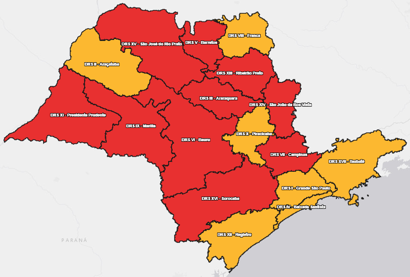 plano_sp's tweet photo. 05/07/2021 - Como o estado estaria classificado com o cálculo padrão dos indicadores desta data.

#planosp #COVID19 #coronavirus #sp #planosaopaulo  #grandesp #aracatuba #baixadasantista #franca #piracicaba #registro #taubate https://t.co/nGtR19SDZO
