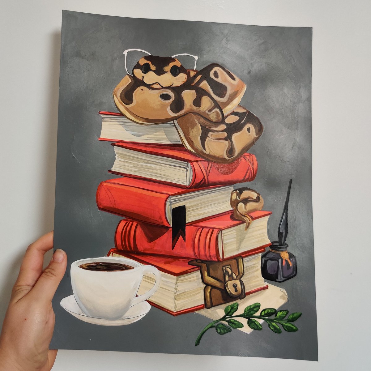 Work in progress of a little book snake, the lesser known cousin to the book worm.
11x14 acrylic on bristol smooth
I mixed WAAAAY too much gray paint for the background.  Buckle up buttercup, we are going monochromatic for a bit after this.

#snake #book #read #glasses