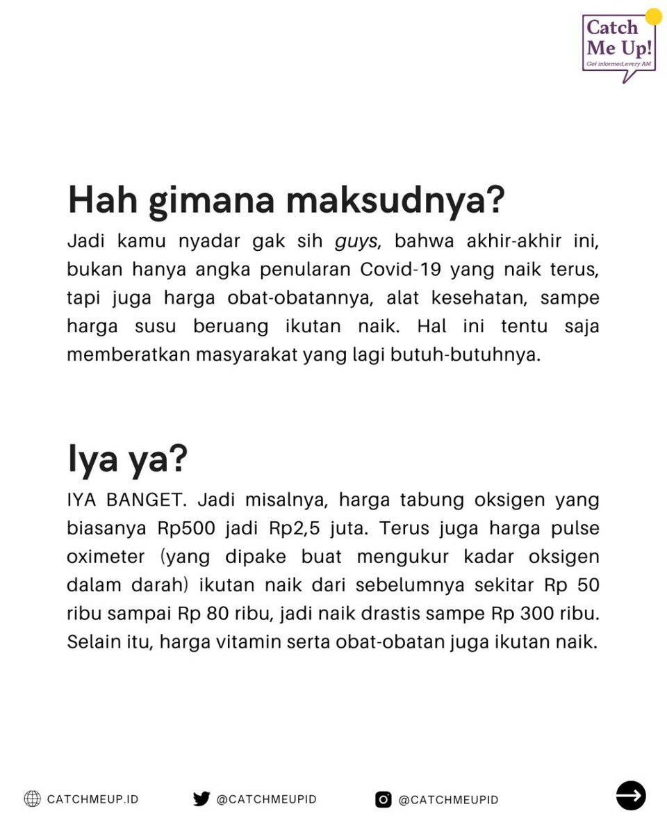 catchmeupco's tweet photo. Tabung oksigen naik harga sampe 5x lipat, obat juga naik harga berlipat-lipat, panic buying susu beruang (kan, bisa diganti dengan 3 buah permen milkita, ups). Nggak bisa nih gini terus. MUI udah bilang haram hukumnya borong oksigen, obat-obatan, vitamin, juga sembako. Harrraaam! https://t.co/hYth3Bo6b2