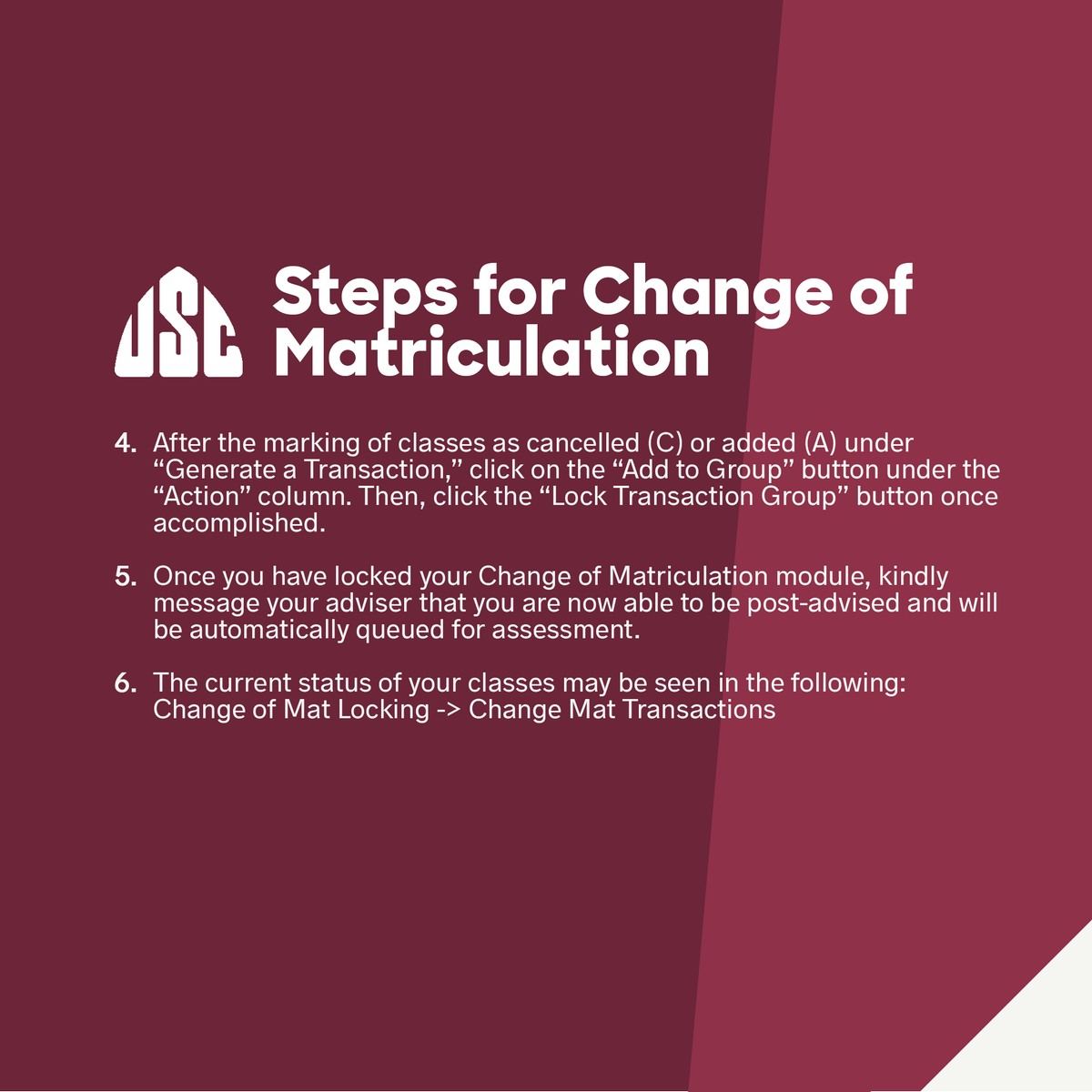 USCUPDiliman's tweet image. #ChangeMat | Steps for Change of Matriculation 

For concerns, please contact the USC Transitionary STRAWBSS Co-Heads, Lance Al Francis Daniel (0945 273 2152) and Mary Mhel Ruado (0915 946 0340). You may also contact USC Chairperson-elect Jonas Angelo Abadilla (0917 140 0814).