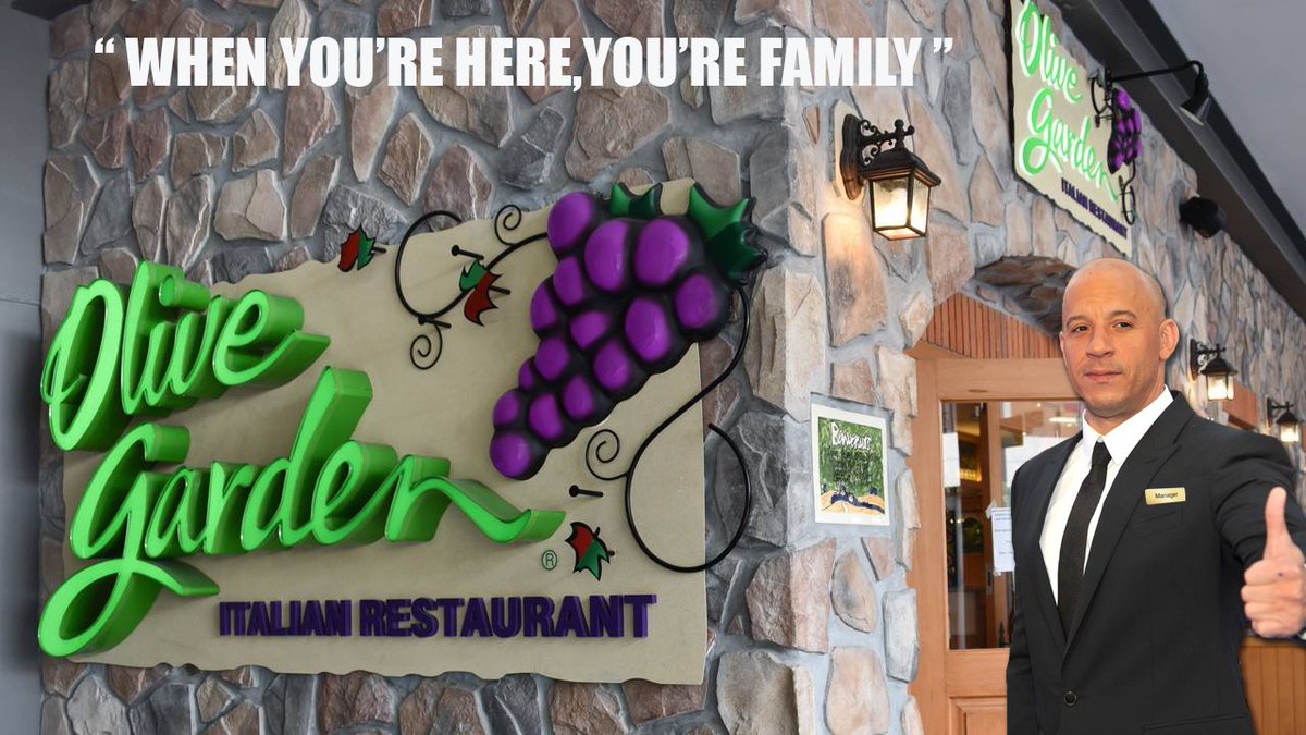 PsgSpecter's tweet photo. Dom has left his racing days behind him and is a proud owner of an Olive Garden!
#family #Vindiesel #F9 https://t.co/RHVDVTuAHA
