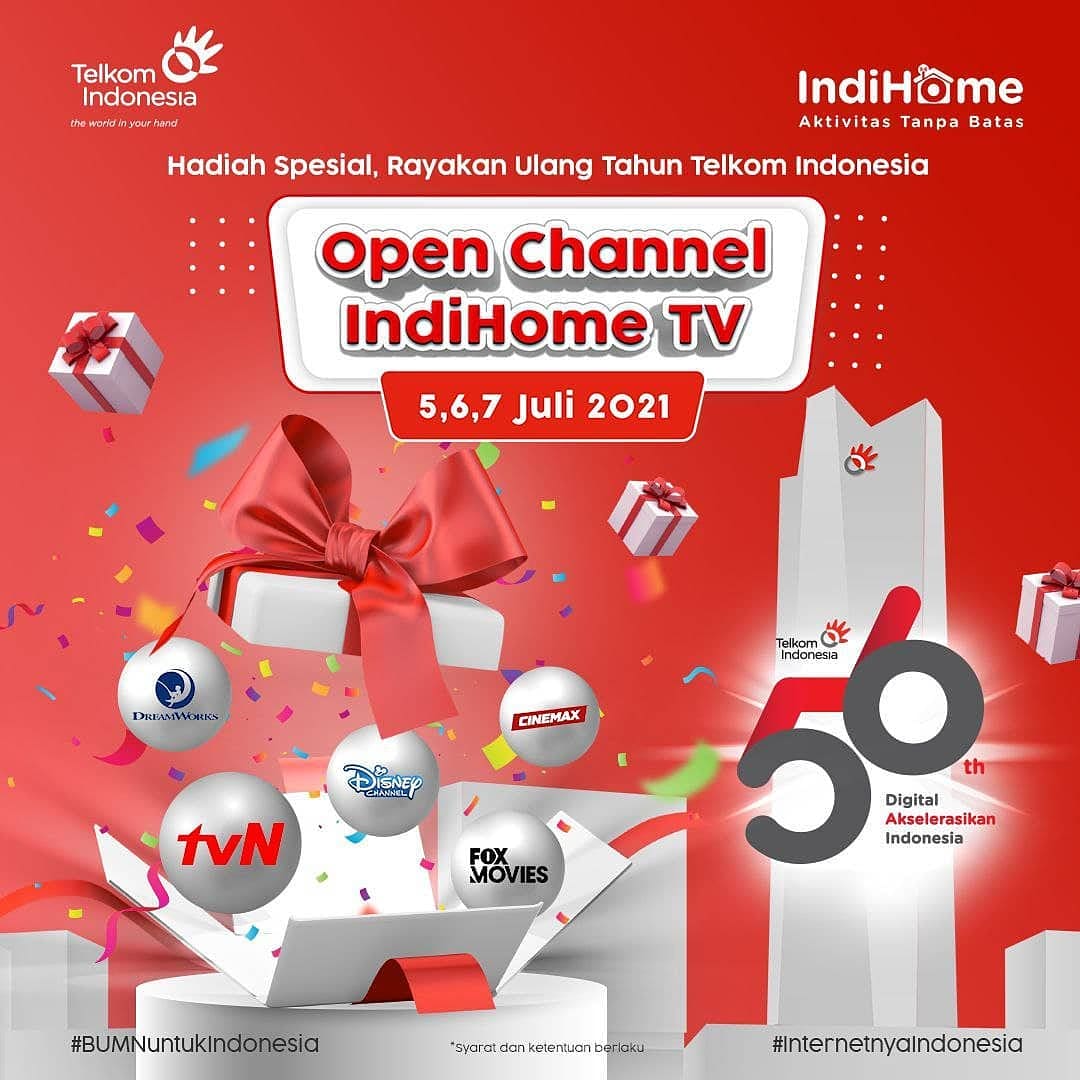 Dalam rangka HUT Telkom Indonesia ke-56, mulai 5-7 Juli open channel di Indihome TV 🥳
Segera aktifkan open channel Sobat sekarang. Aktivasi segera melalui indihome.co.id/open-channel-h…

#AktivitasTanpaBatas
#InternetnyaIndonesia
#OpenChannelIndihome
#PromoIndihome
#DiRumahAja